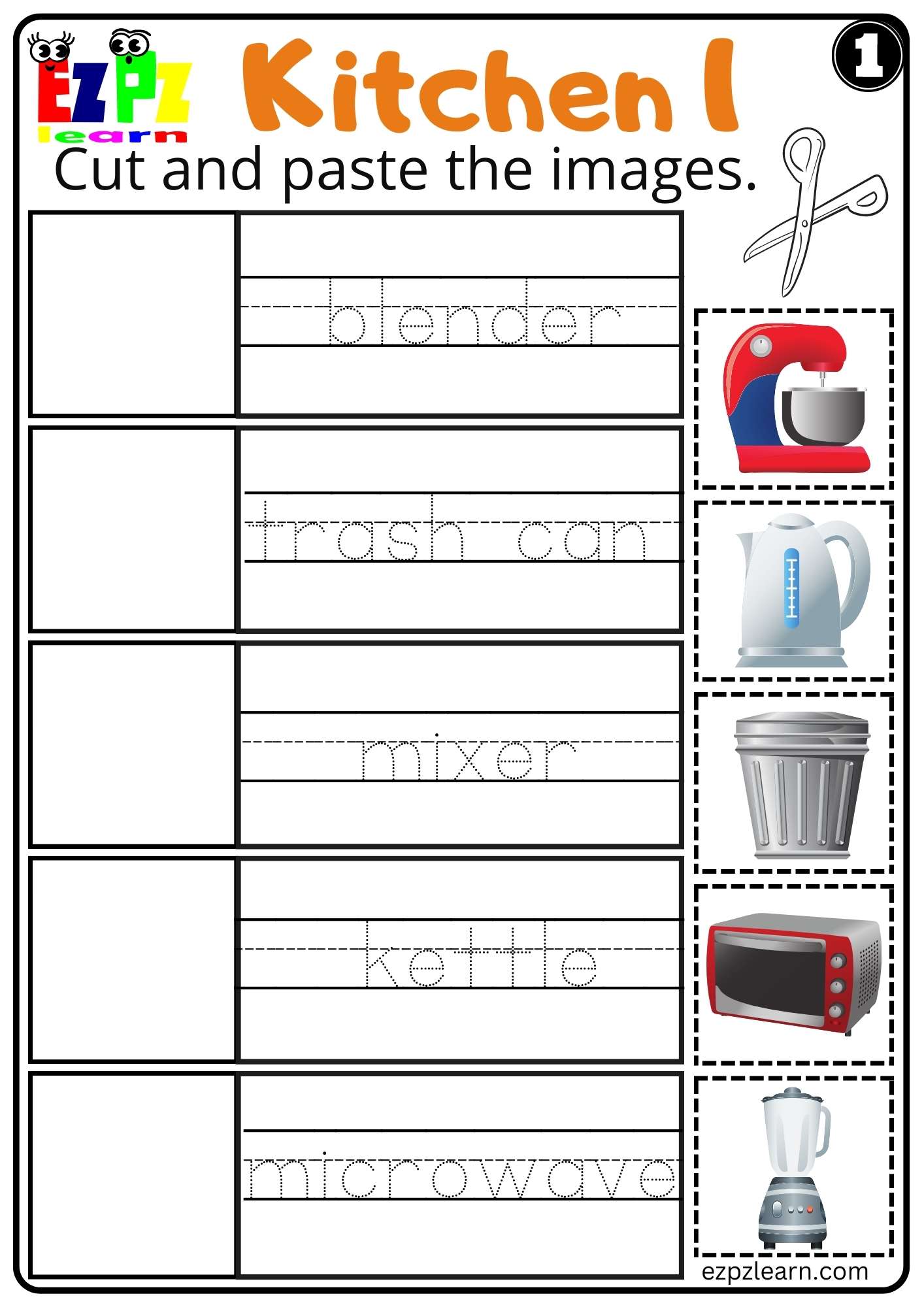 Kitchen Appliances Cut and Paste Worksheet for ESL Free PDF Download Set 1